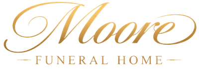 Moore Funeral Home logo in gold script on a white background