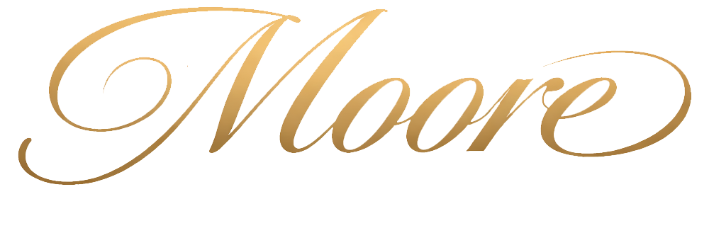 Gold cursive word “Moore” on a white background