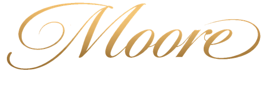 Gold cursive word &ldquo;Moore&rdquo; on a white background