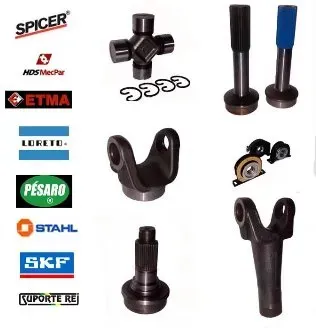 Varias piezas de metal negro para automóviles sobre fondo blanco con logotipos de marcas a la izquierda.