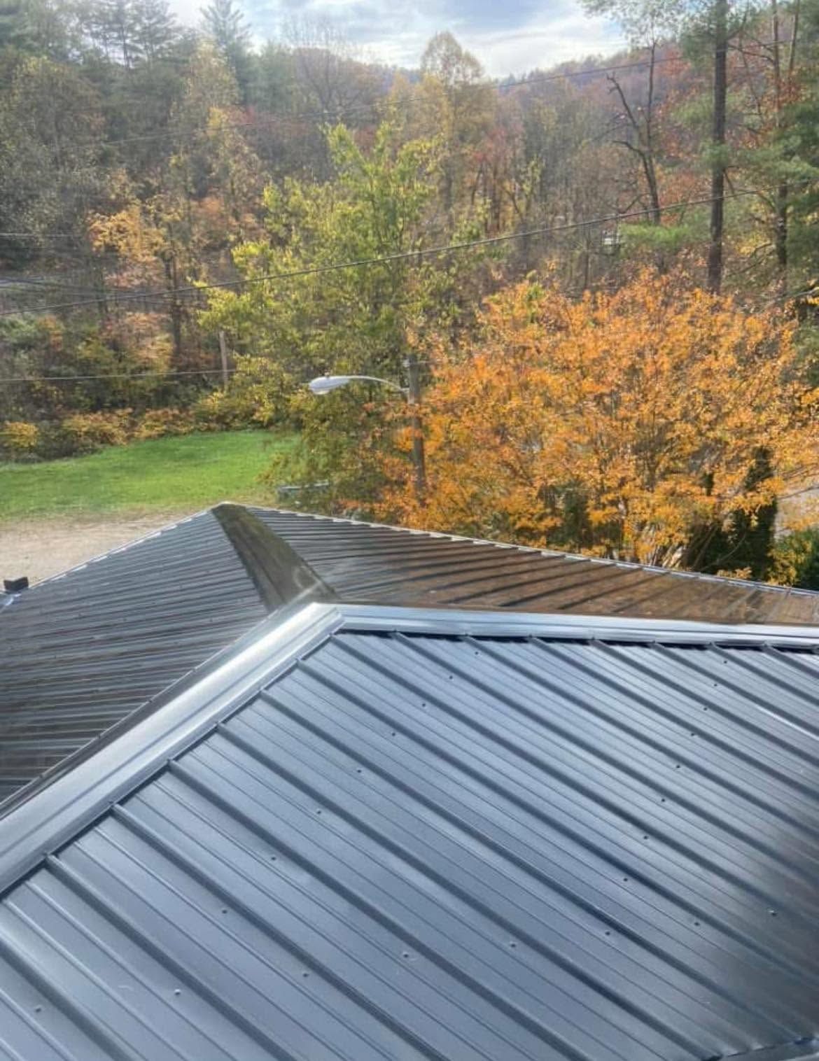 Metal roof overlooking autumn trees and a grassy backyard under cloudy skies