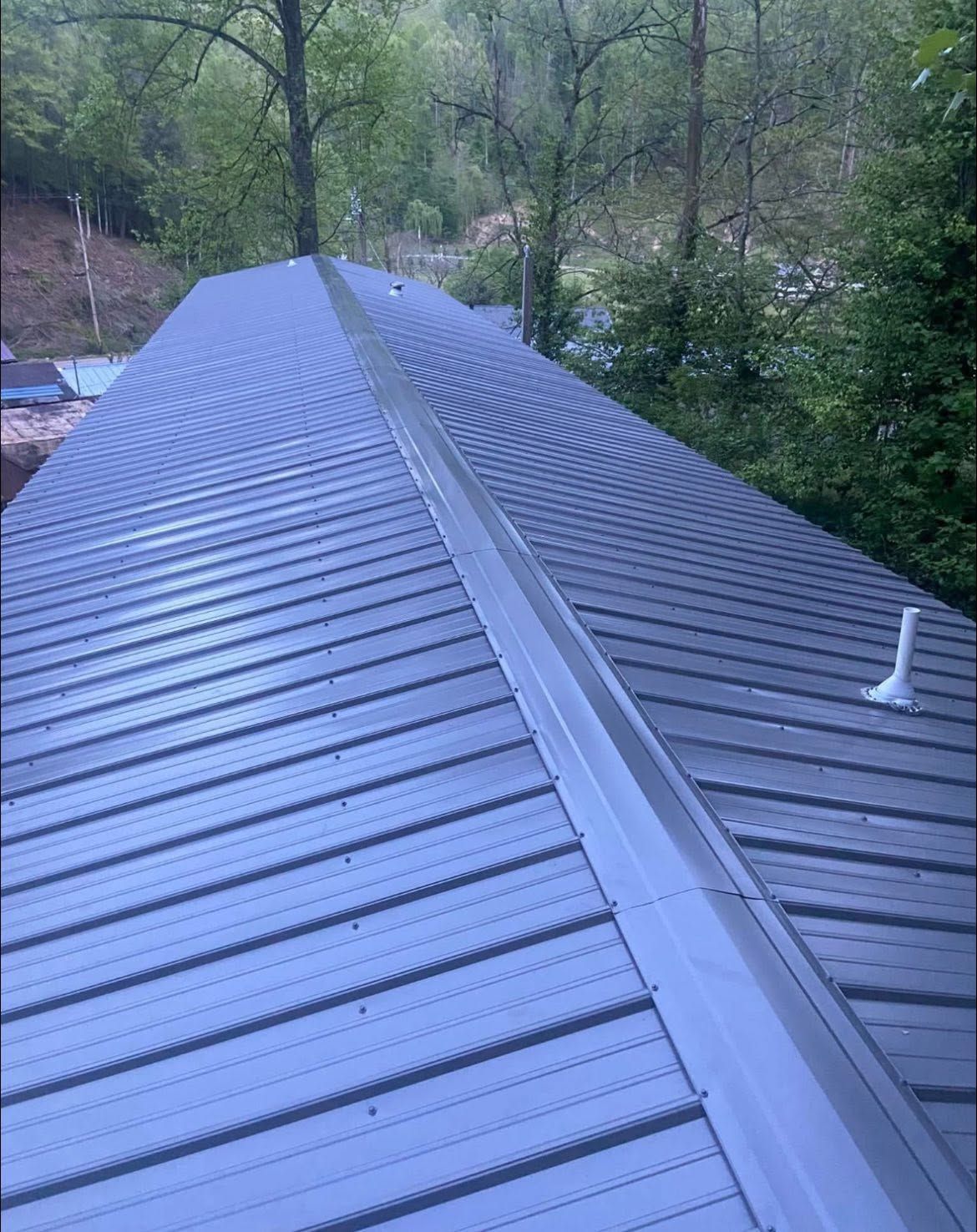 Metal roof ridge with gray panels, surrounded by trees and forest greenery