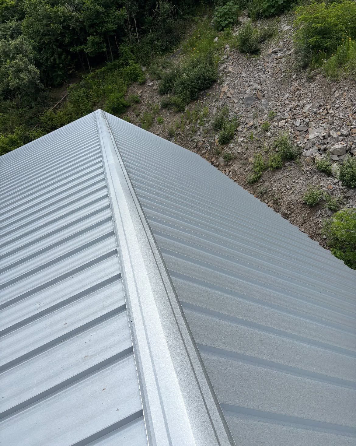Silver metal roof peak beside a grassy rocky slope and trees