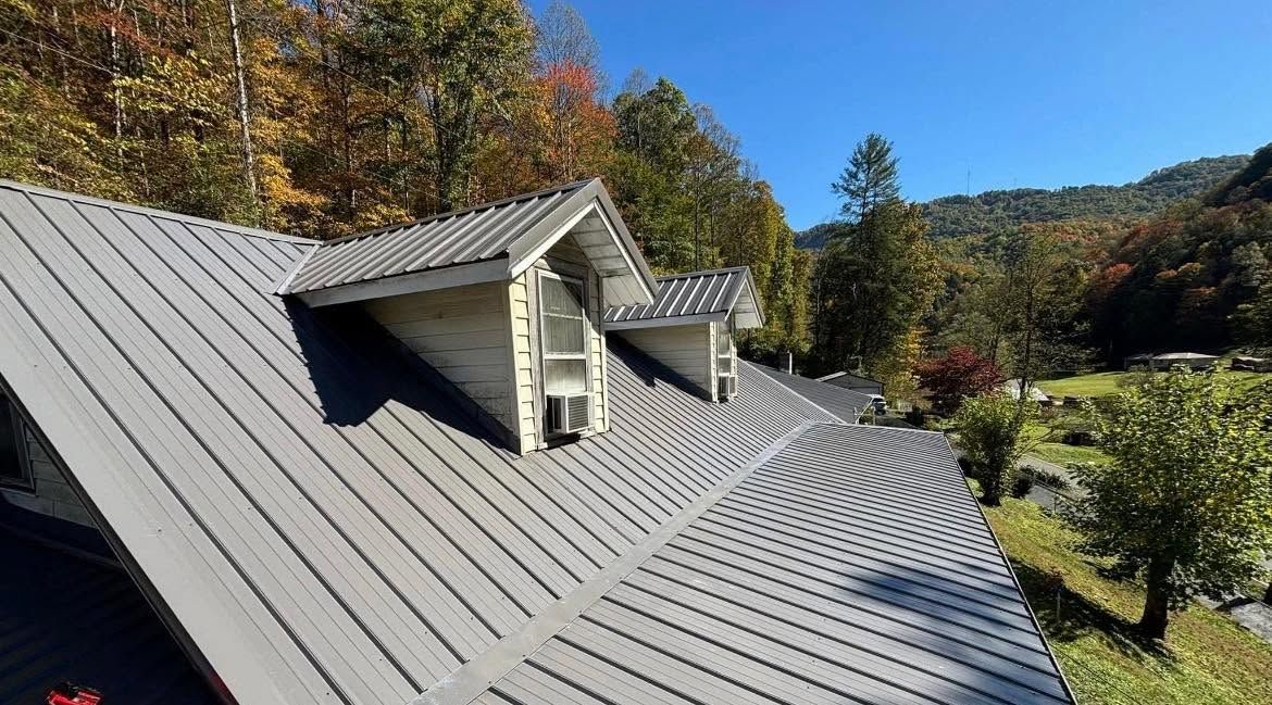 Gray metal roof with dormer windows overlooking a sunny wooded hillside