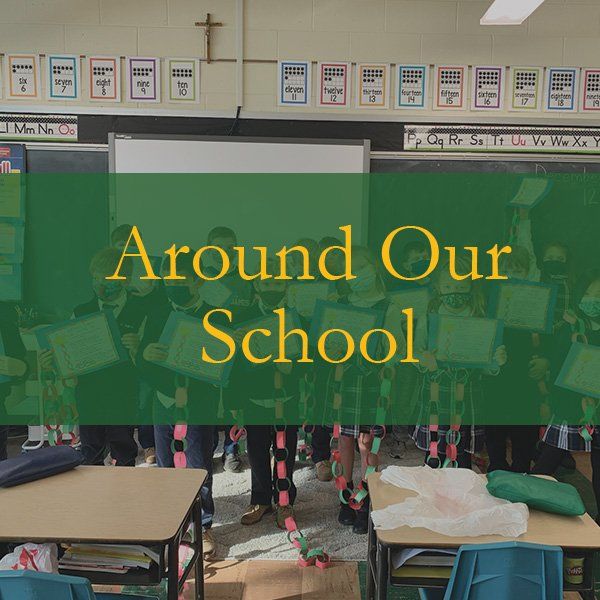 A picture of a classroom with the words around our school on it