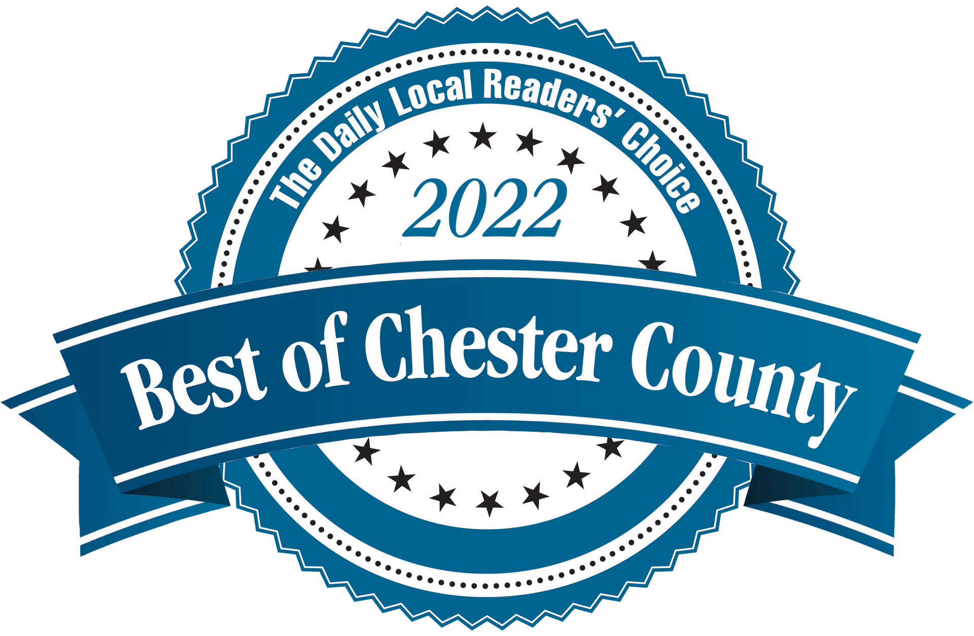 A blue and white badge that says best of chester county