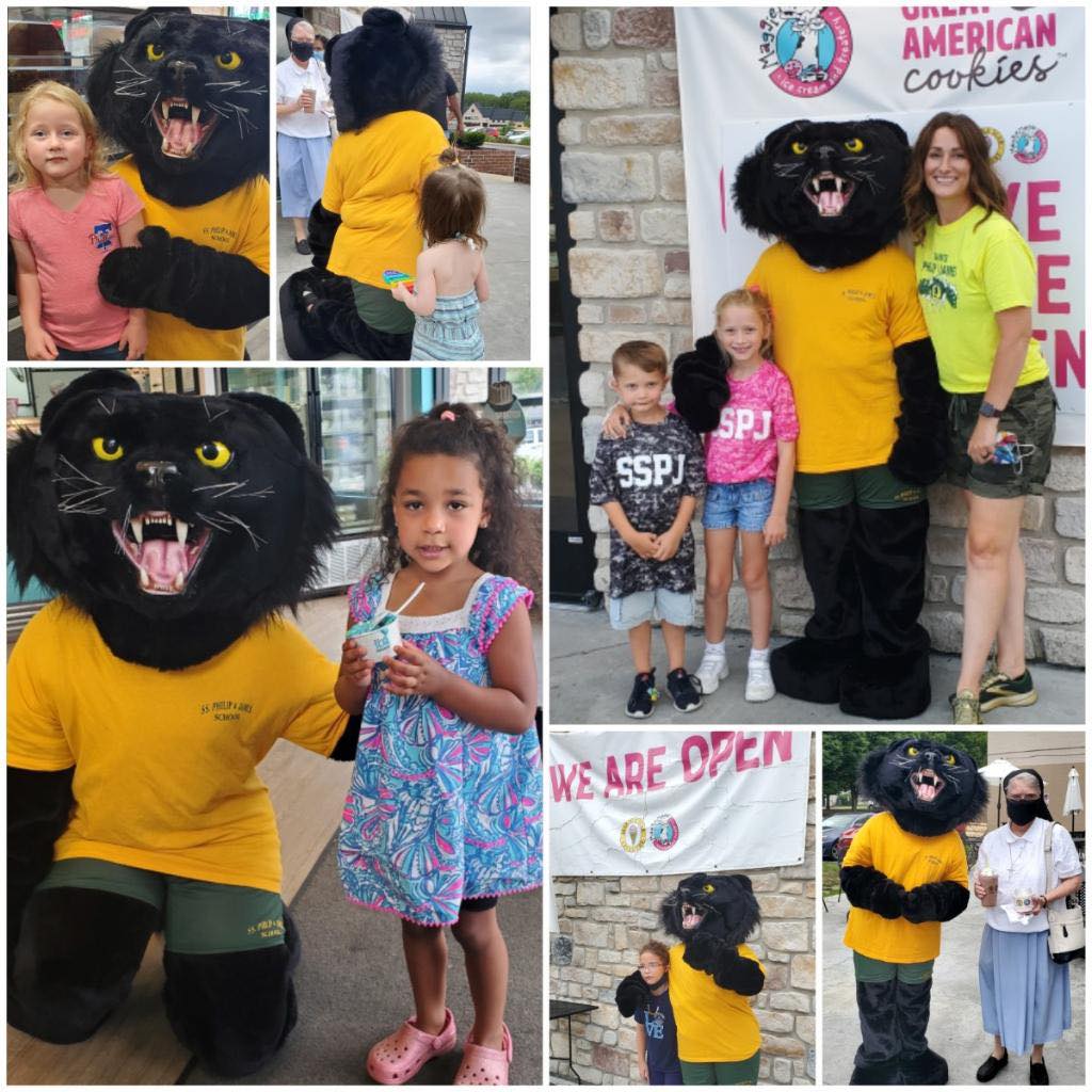 A collage of photos of a black panther mascot