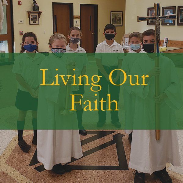 A group of children wearing masks are standing in front of a sign that says living our faith