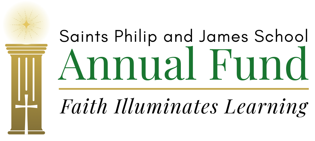 Logo for Saints Philip and James School Annual Fund, includes a column, cross, and sunburst.