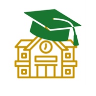A graduation cap is sitting on top of a school building.