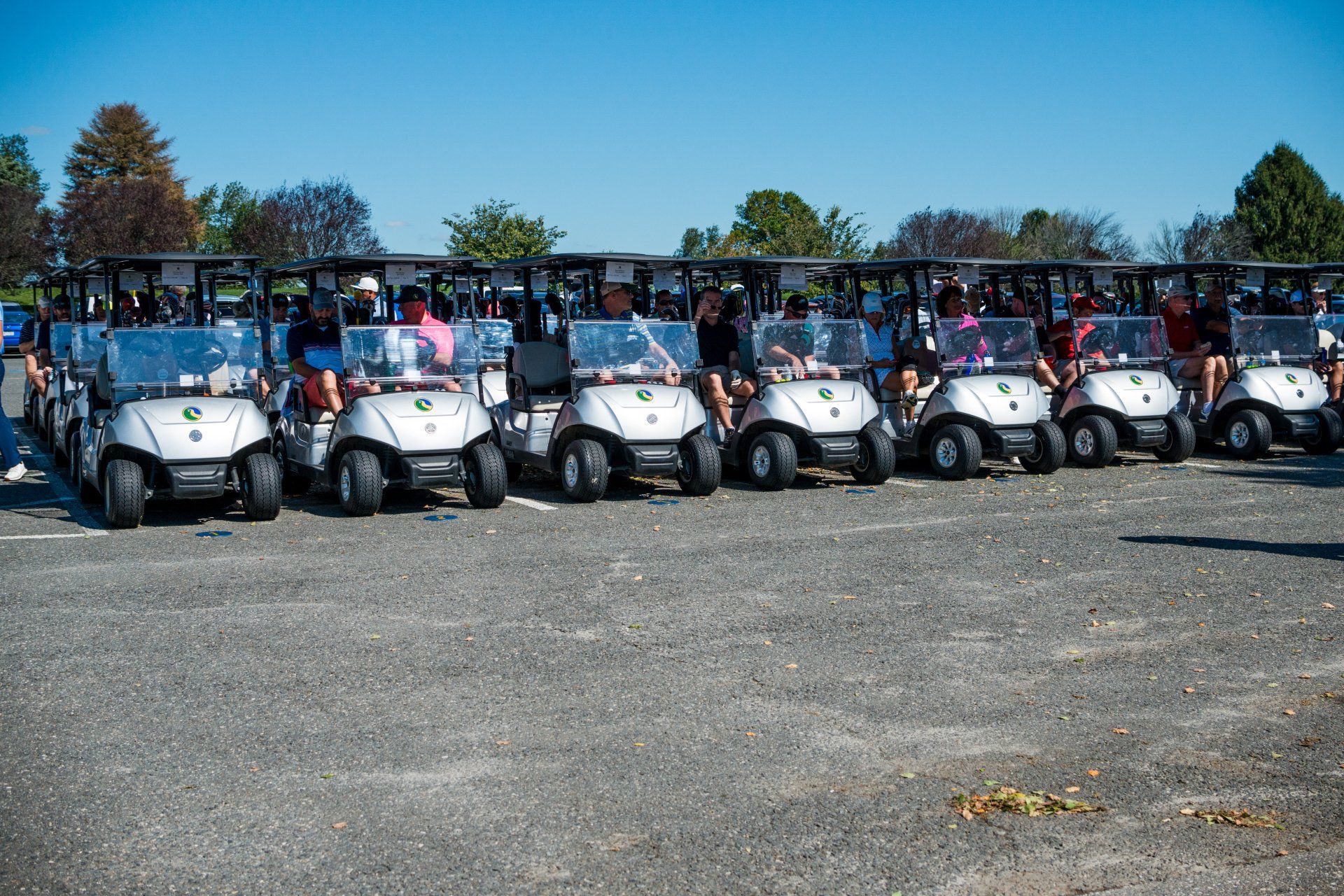 A row of golf carts are parked in a parking lot