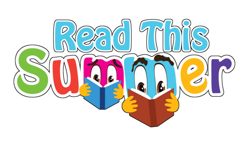 A colorful logo that says read this summer with a cartoon character reading a book.