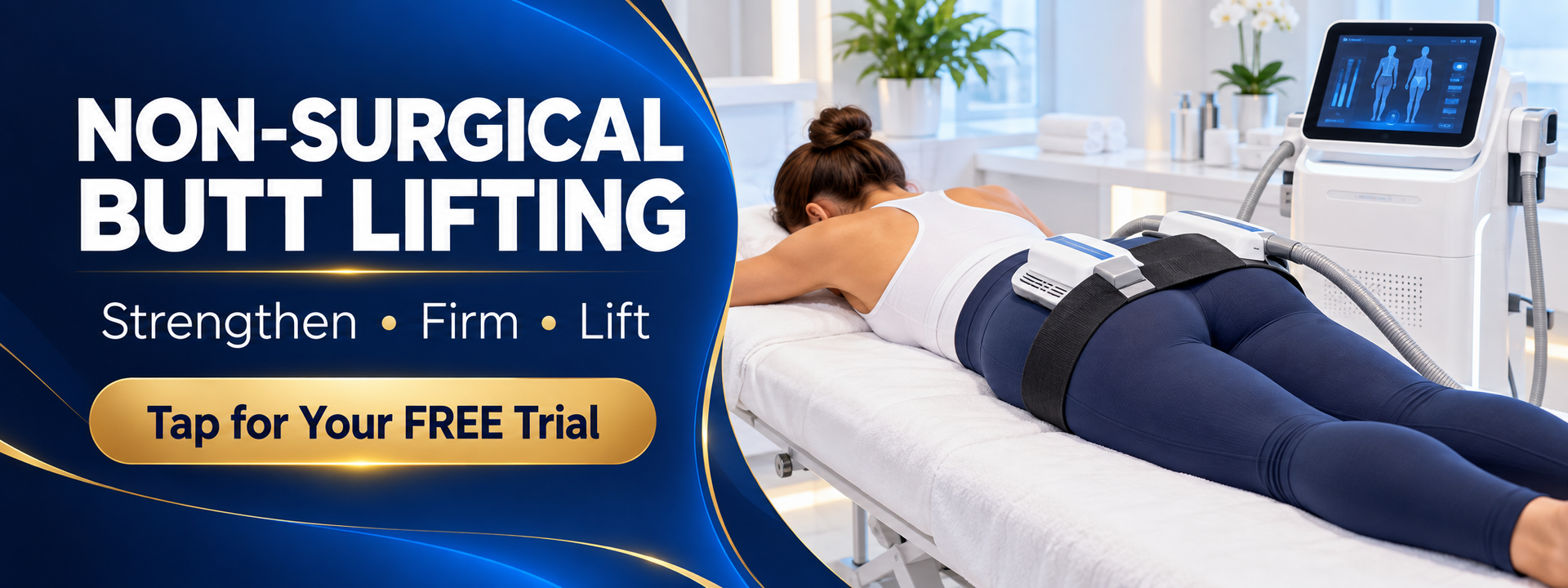 TAP FOR FREE TRIAL! Woman receiving non-surgical butt lifting treatment with CTA to tap for a free EMSCULPT trial.