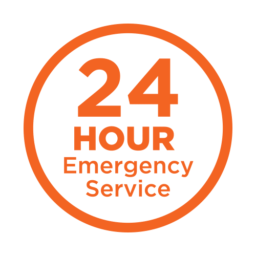Orange circular badge reading “24 HOUR Emergency Service” in orange text on white background