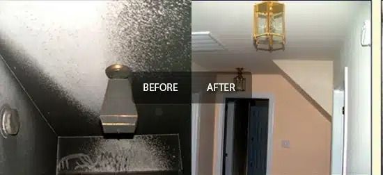 Side-by-side before-and-after view of a stairlift installation on a stairway