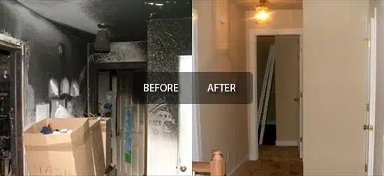 Before-and-after hallway renovation showing a dark, cluttered space transformed into a bright entryway