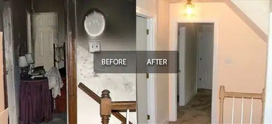 Before-and-after hallway renovation showing a brighter stair landing and open doorway.