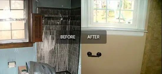 Before-and-after of a kitchen wall repaired from water damage, with a window and sink fixture.