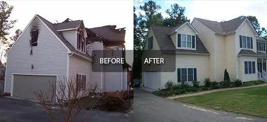 Before-and-after view of a beige house exterior renovation, split down the middle.