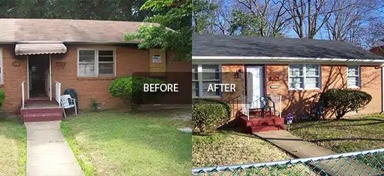 Split-screen before-and-after view of a brick house exterior with the front porch and walkway improved