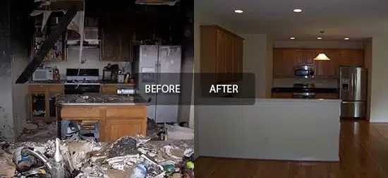 Before-and-after kitchen renovation: cluttered, damaged kitchen transformed into a clean, modern space.
