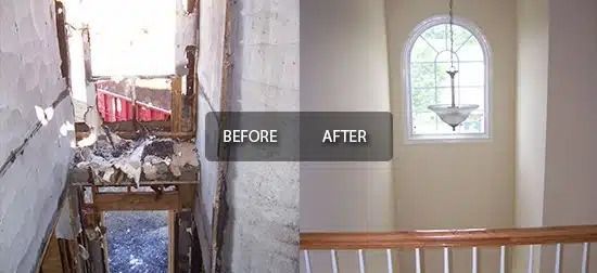 Split-screen interior staircase before-and-after renovation, showing damaged wall left and clean painted wall right.