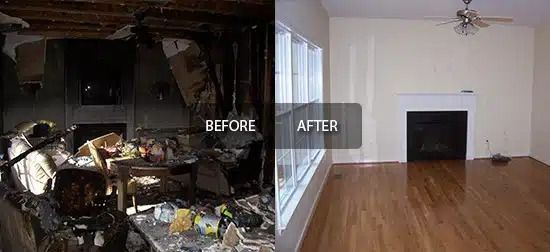 Before-and-after living room cleanup: cluttered room on left, empty room with hardwood floor on right.