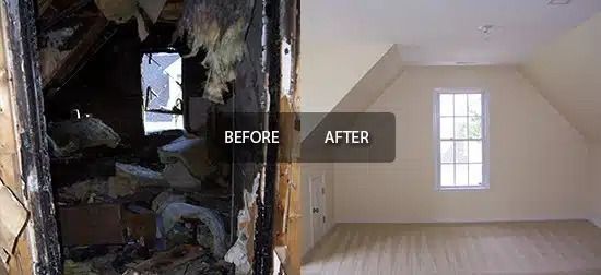 Before-and-after view of a fire-damaged room restored to a clean white attic space