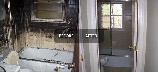 Before-and-after photo of a fire-damaged room, showing the restored space beside it.