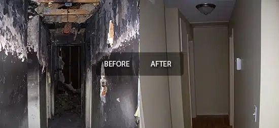 Before-and-after view of a fire-damaged hallway restored to a clean, white interior.