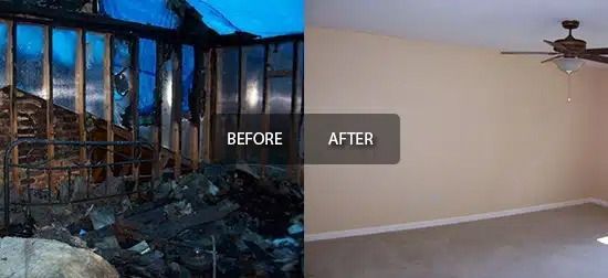 Before-and-after of a room damage repair: collapsed, dark interior versus clean beige room with ceiling fan.