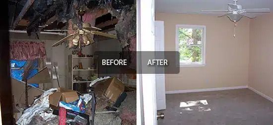Before-and-after view of a room cleanup: cluttered debris on the left, empty beige room on the right.