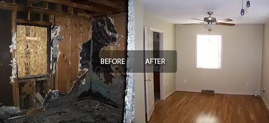 Split before-and-after of a room renovation: fire-damaged interior on left, restored room on right.