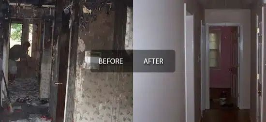 Before-and-after interior hallway renovation, showing a patterned wall replaced with a plain white wall.