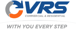 VRS Commercial & Residential logo with blue and orange stylized text and tagline &ldquo;WITH YOU EVERY STEP&rdquo;