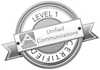 Circular silver badge labeled “Level 1 United Communications” with a ribbon banner.