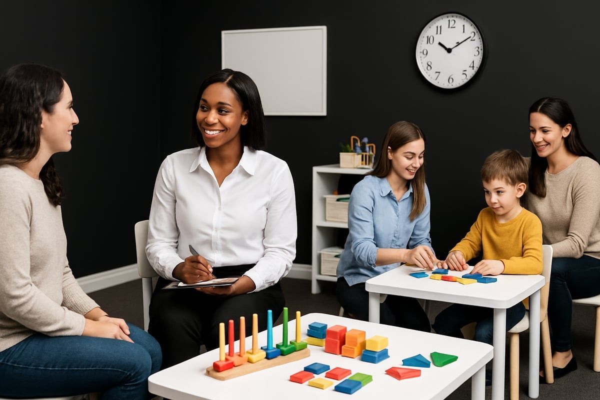 Group of people in therapy session, smiling, interacting. Child playing with blocks. White and black walls, clock.