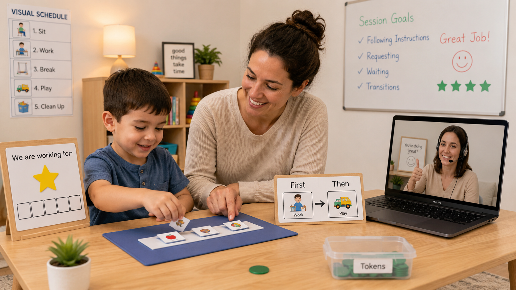 ABA therapy session showing parent and child practicing behavior skills
