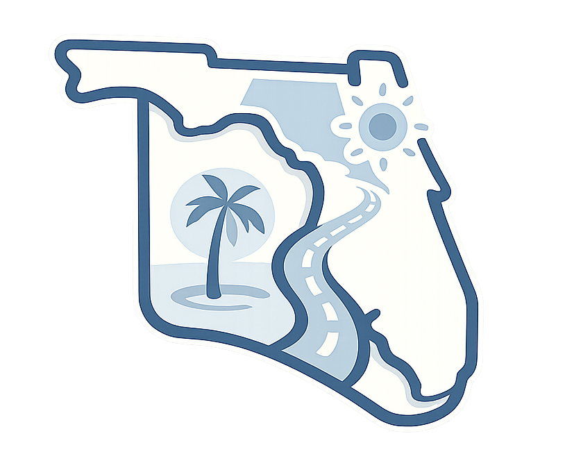 Outline of Florida with beach, palm tree, sun, and wavy shoreline in blue tones