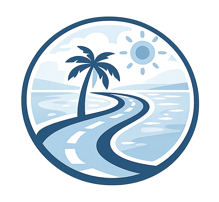 Blue circular logo of a winding road beside a palm tree, ocean, and sun in a tropical scene
