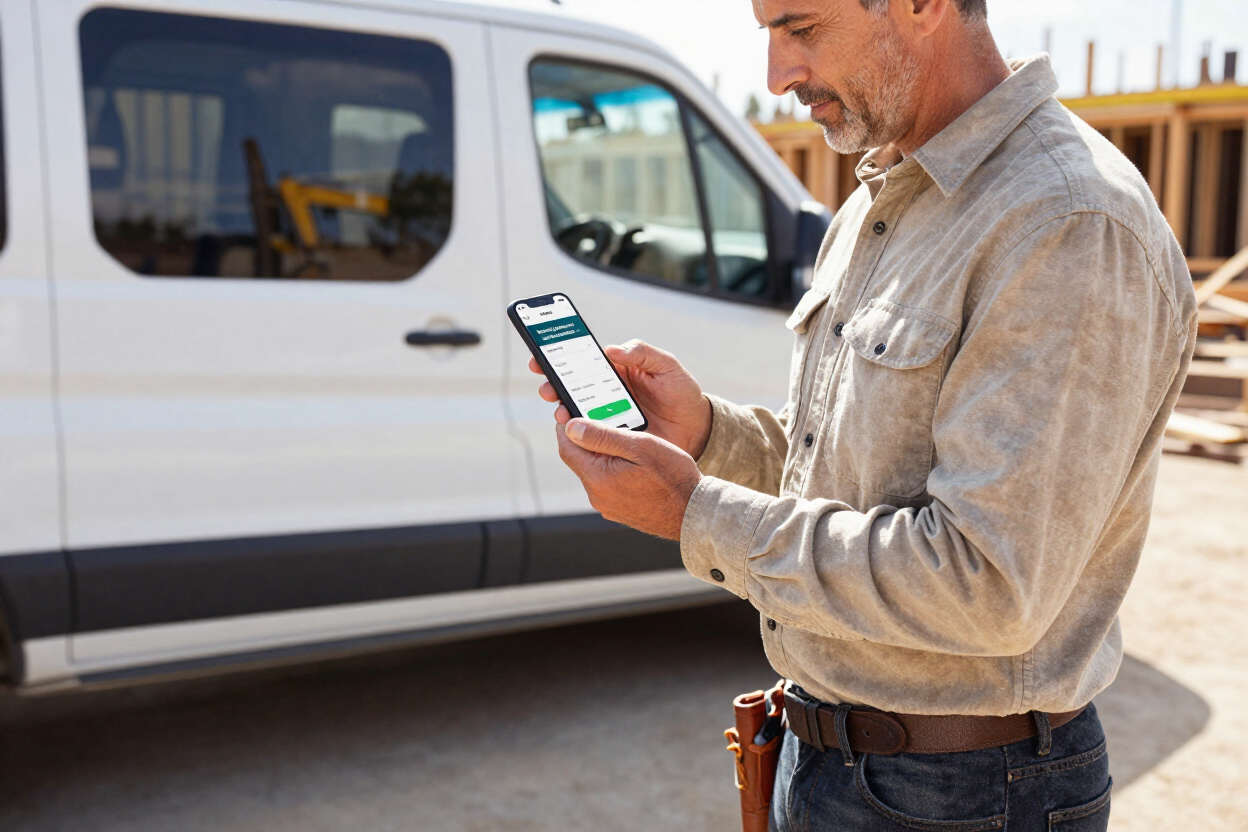 Local contractor reviewing lead notifications on mobile phone at job site