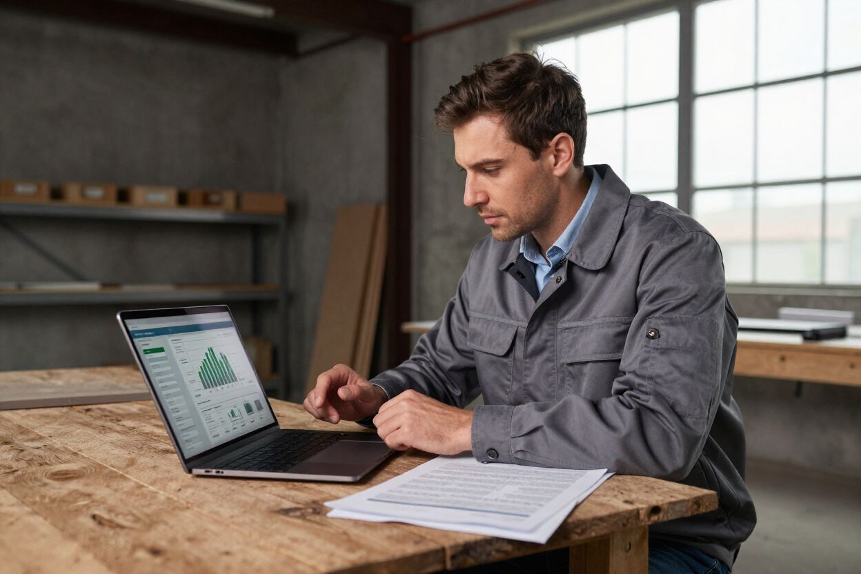 Local business owner reviewing performance report