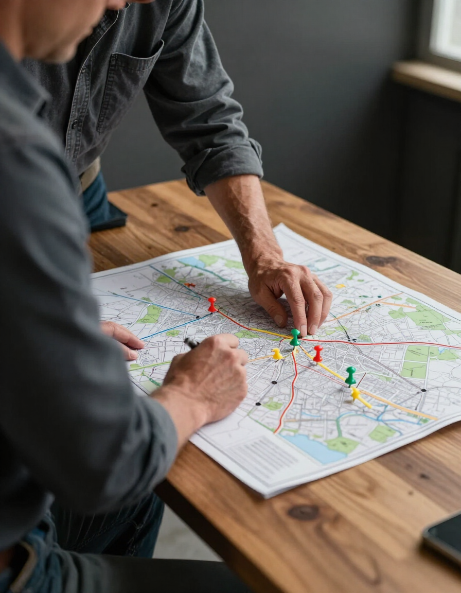 Business owner reviewing regional expansion map with city pins