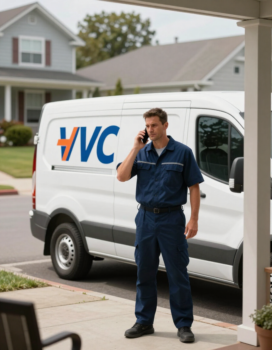 Local service contractor answering a call beside a branded service vehicle
