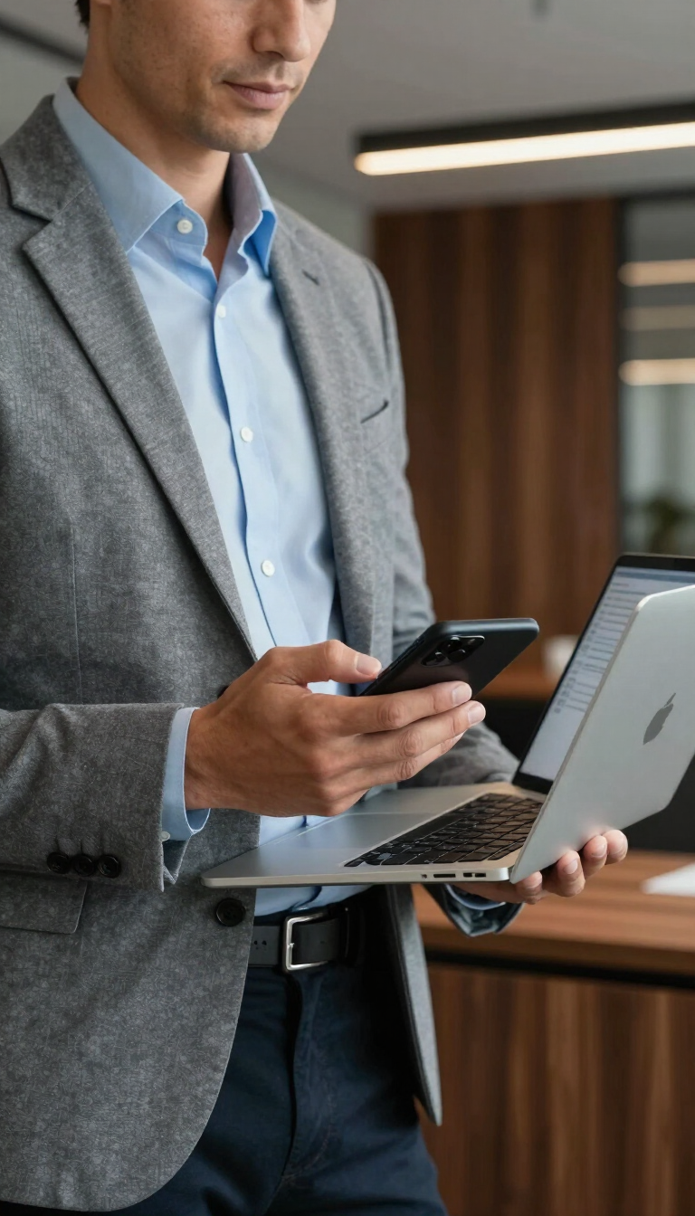 Business owner reviewing leads on laptop and phone
