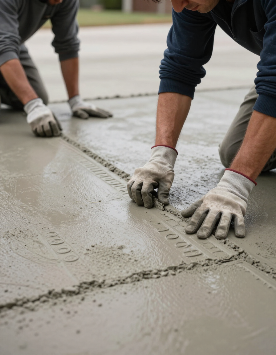 Concrete crew finishing a residential driveway