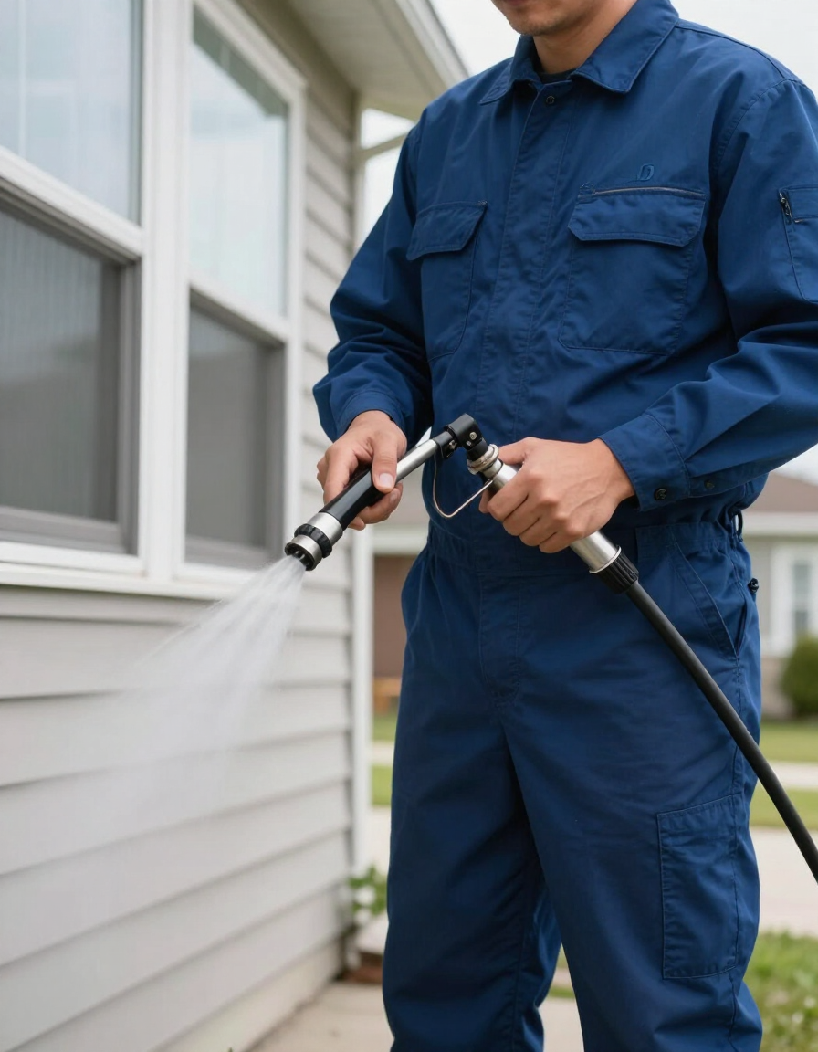 Pest control technician treating a home exterior