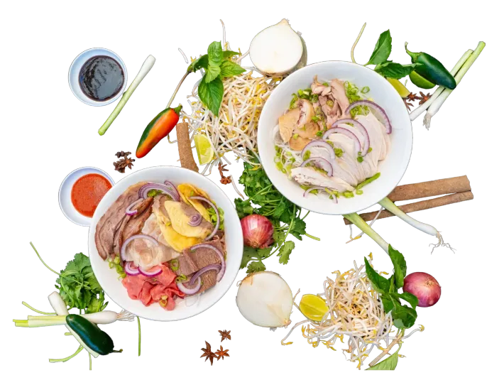 Colorful Thai meal spread with two noodle bowls, herbs, chili, sauces, and fresh vegetables on a white background