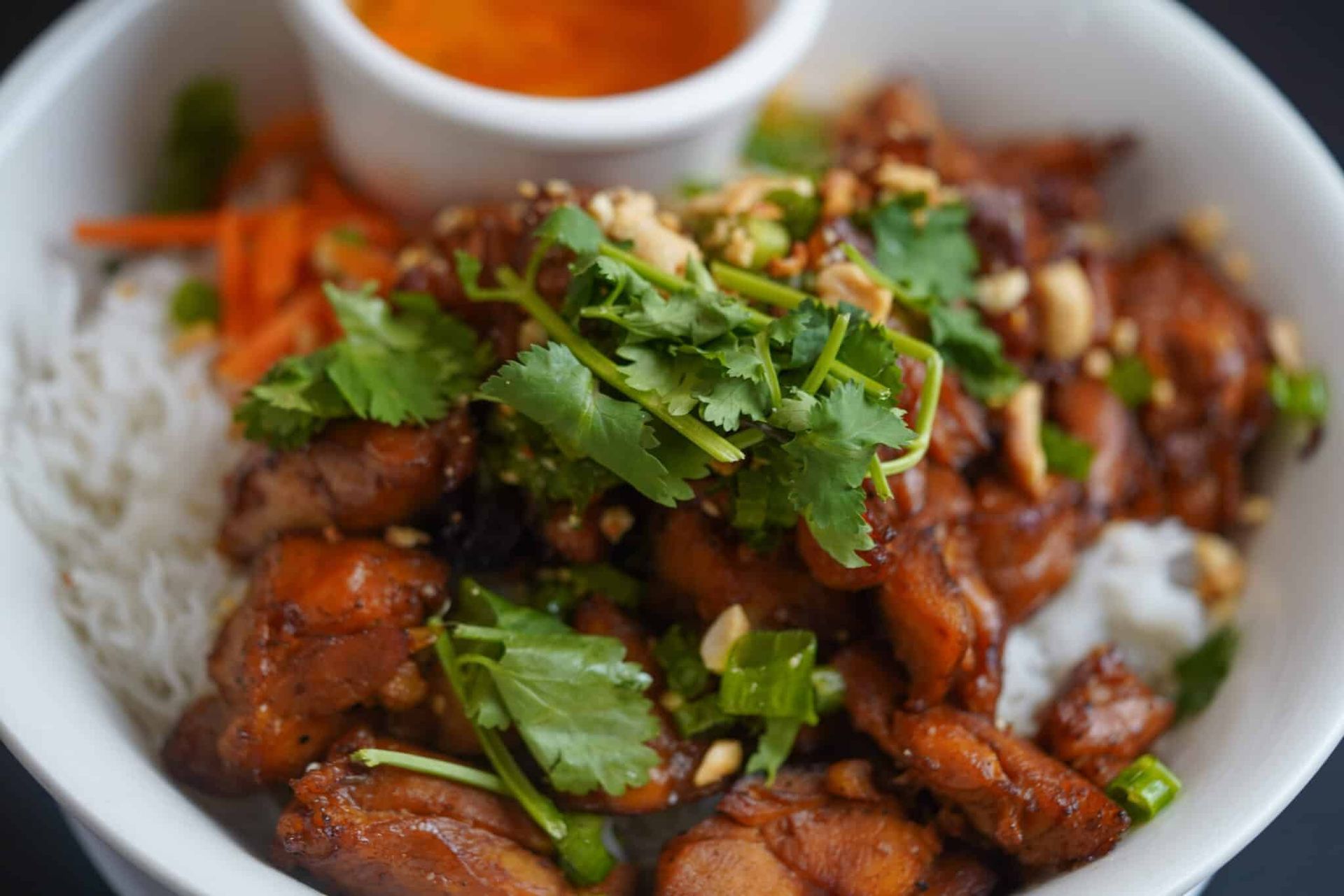 Rice bowl topped with glazed meat and cilantro, served with sauce and rice on the side