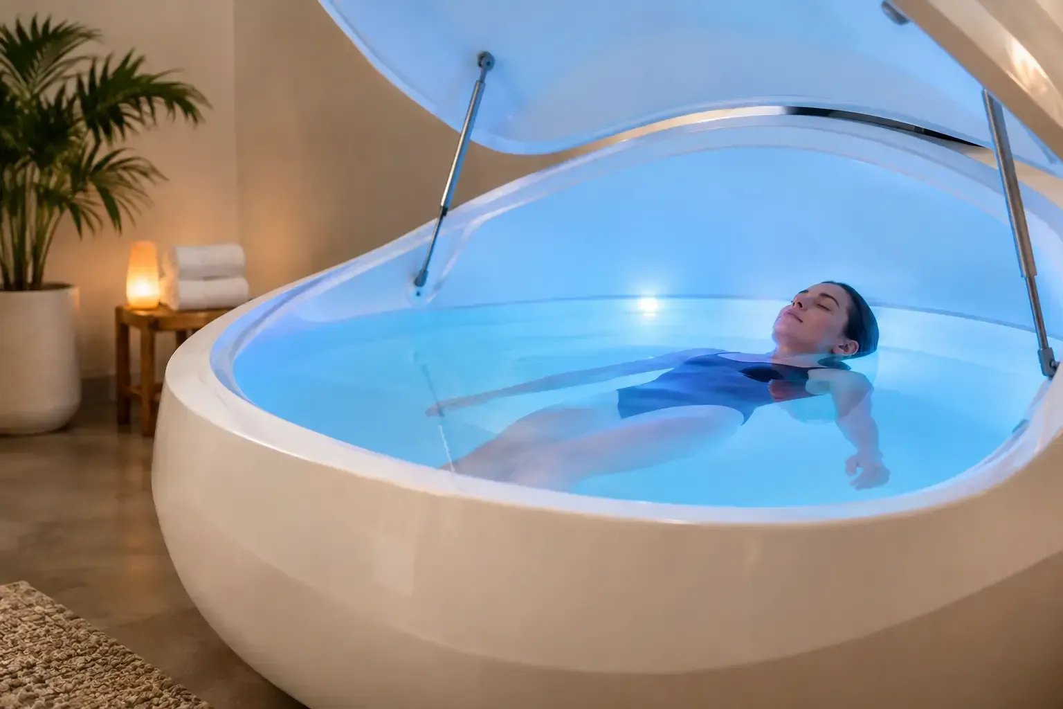 Client floating in a softly lit float pod during a float therapy session at Detoxity, The Woodlands